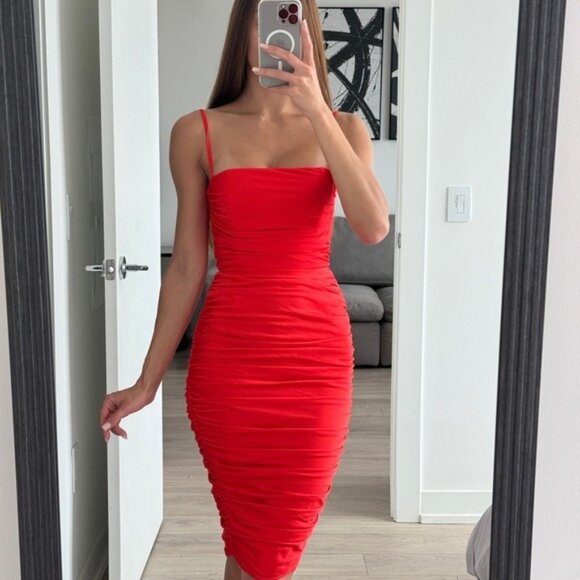 Nookie Cooper Ruched Midi Dress Red Tangerine size Medium - Picture 1 of 17